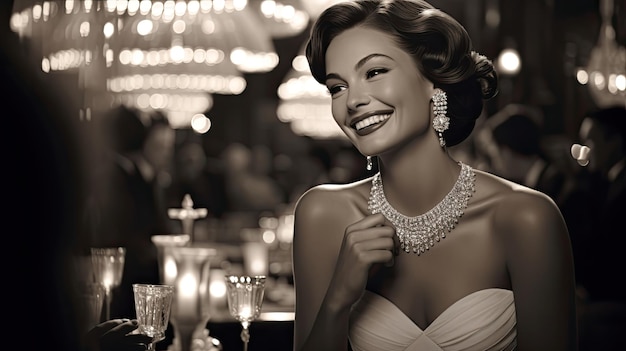 Vintage una hermosa mujer elegante con un vestido blanco riendo sentada en la cena