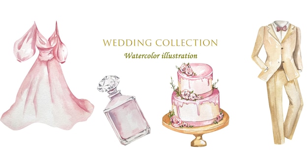 Vintage Hochzeitsthema Aquarell Elemente Set Brautkleid Bräutigam Anzug Festkuchen Parfüm Pastellfarben für Einladungskarten Websites Blogs Fotorahmen Textilien