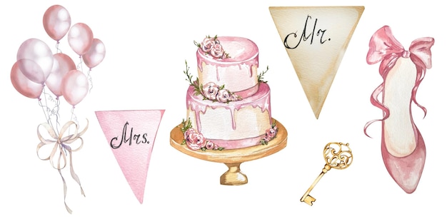 Vintage Hochzeitsthema Aquarell Elemente Set Luftballons Feierliche Kuchen Schlüssel Schuh Fahnen Herr und Frau Pastellfarben für Einladungskarten Websites Blogs Fotorahmen Textilien