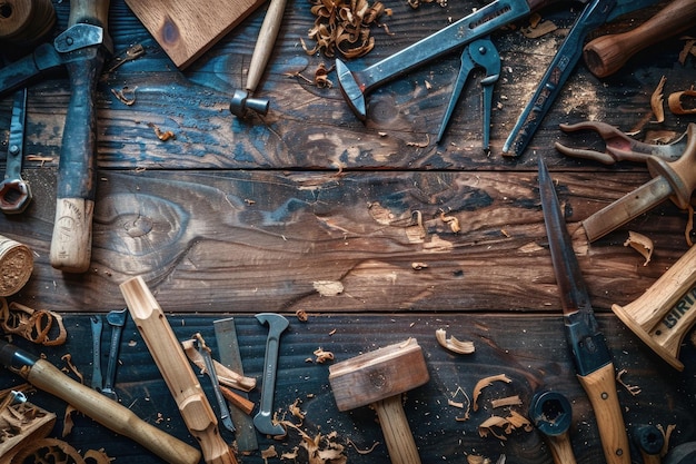Vintage-Holzbearbeitungswerkzeuge auf Arbeitsbänken Tischlerhandwerkskonzept