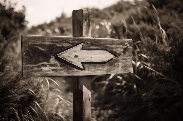 Vintage-Holzschild in Schwarz und Weiß mit rotem Pfeil, der den Weg weist