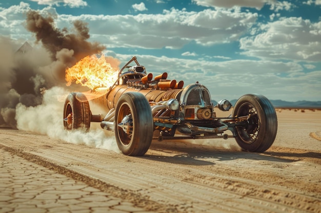 Vintage Hot Rod Speeding auf Wüstensand mit explosiven Flammen und Rauch im Retro-Stil Scenic