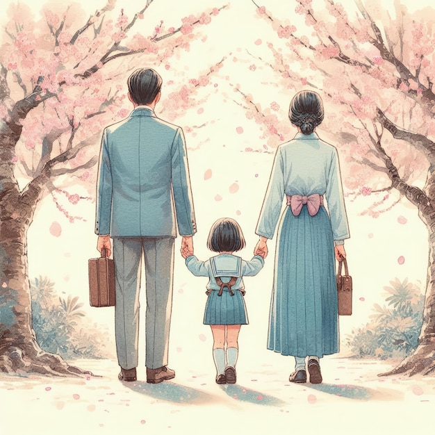 Vintage-Illustration einer japanischen Familie, die ihr Kind am Hintergrund von Kirschblüten an der Hand hält