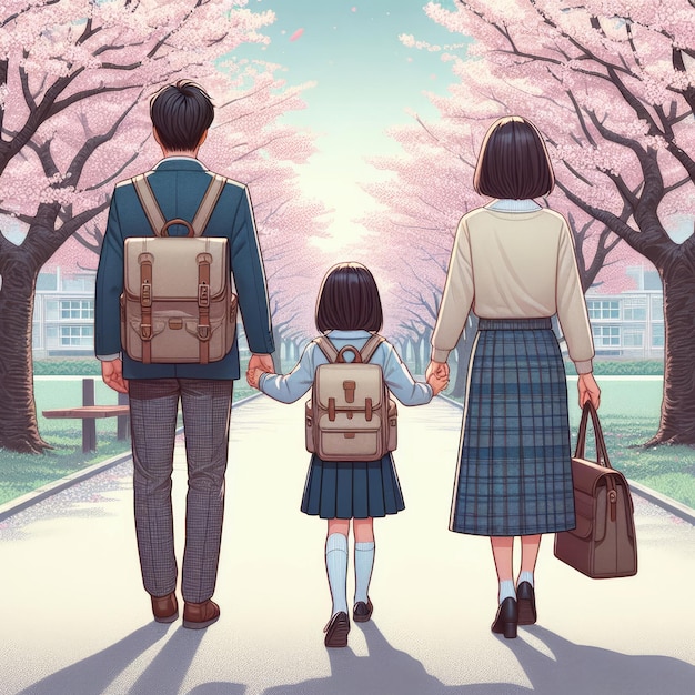 Vintage-Illustration einer japanischen Familie, die ihr Kind am Hintergrund von Kirschblüten an der Hand hält