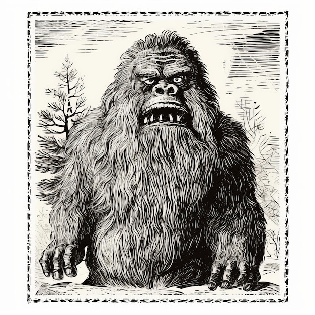 Vintage-Illustration eines riesigen Gorillas mit Krallen Billy Childish-Stil und Necronomicon-Einflüsse