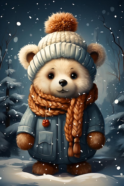 Vintage-Illustration eines Teddybären in warmer Kleidung, der im winterlich verschneiten Wald steht Weihnachtskonzept