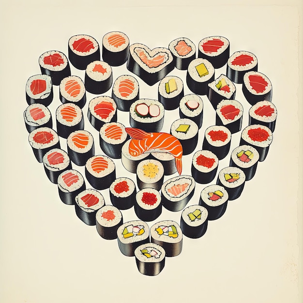 Foto vintage-illustration eines valentinstagsherzens, das durch eine bunte reihe von sushi-rollen gebildet wird, eine japanische kulinarische freude, die die kunst der liebe symbolisiert v 6 job id cdfd3dfe9e484800898dc9ce8211c577