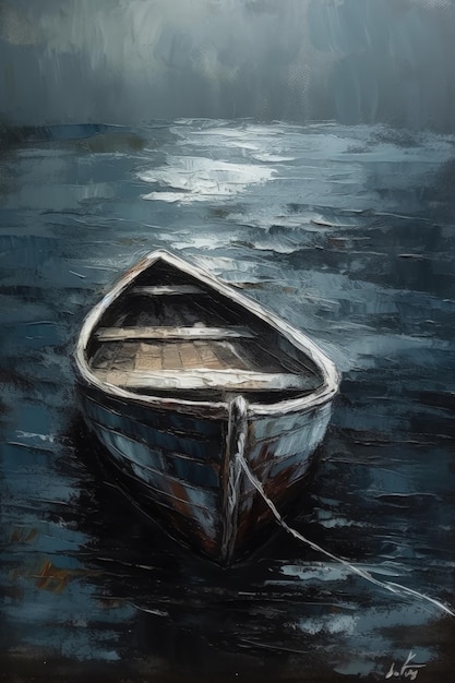 Vintage Impasto Knife Pintura al óleo de un barco minimalista en el mar