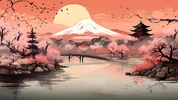 Vintage japonês de uma paisagem com belas cores