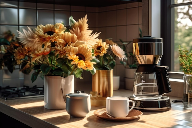 Vintage-Kaffeemaschine, die Espresso in einer Glastasse mit Kaffeekapseln und Blumen auf dem Tisch zubereitet