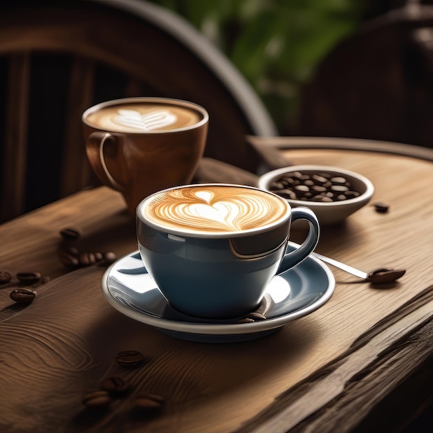 Vintage Kaffeetasse mit Latte-Kunst auf einem Holztisch