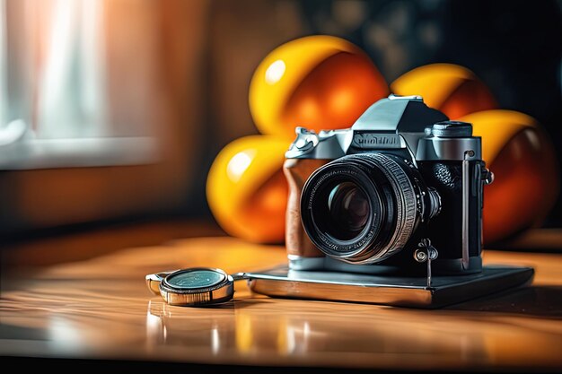 Vintage-Kamera-Kamera und KompassVintage-Kamera-Kamera und Kompasskamera auf Holzhintergrund