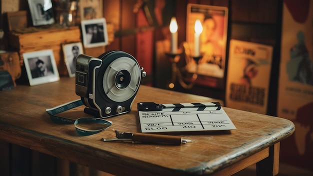 Vintage-Kamera-Rolle-Tape und Clapperboard auf Holz