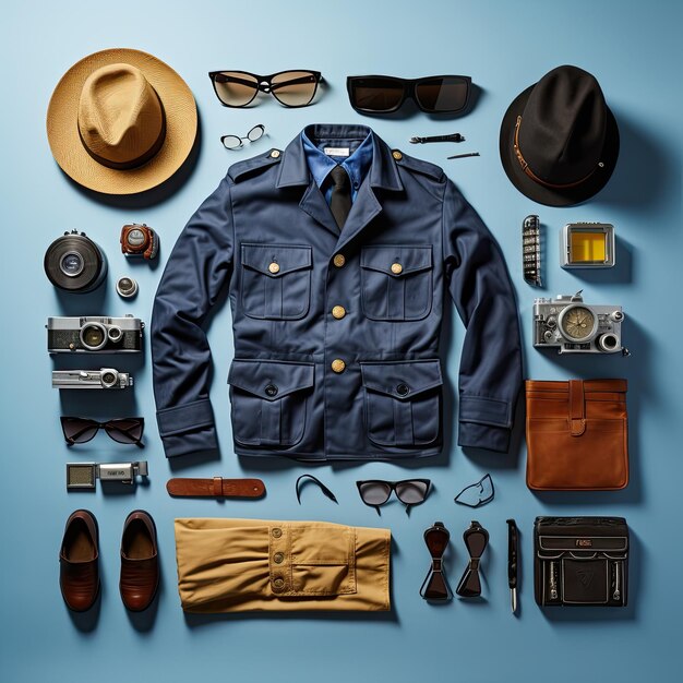 Foto vintage knolling flat lays estudio de fotografía equipado con ropa de piloto profesión arte de pared retro de instagram