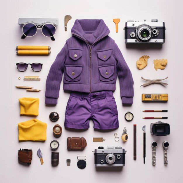 Foto vintage knolling flat lays foto vista superior estudio plano desafío instagram ropa de bajo contraste chaqueta