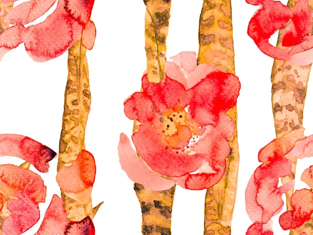 Vintage-Öko-Rapport. Aquarell hinterlässt ein nahtloses Muster. Rust Orange Sommer Blumenhintergrund. Botanische Waldillustration. Exotisches Bademoden-Design. Hawaii-Aquarell-Druck.