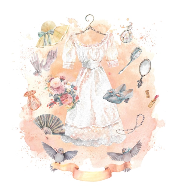 Vintage-Kollektion für Damen, isolierte handgezeichnete Retro-Illustration für das Design
