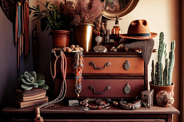 Vintage-Kommode mit Accessoires im Boho-Chic-Stil, darunter Schmuck und Naturmaterialien