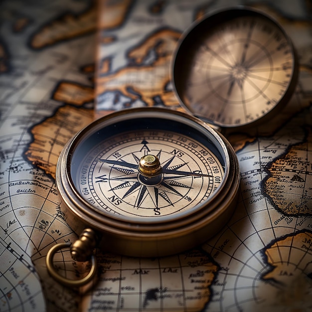 Vintage-Kompass auf einer alten Weltkarte mit goldenem Licht