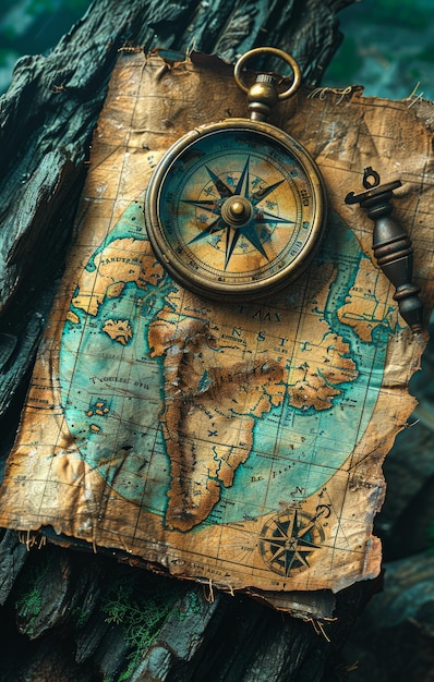 Foto vintage kompass liegt auf einer alten weltkarte auf einem stück holz