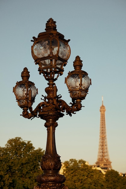 Vintage Laternenpfahl und Eiffelturm auf der Brücke Alexandre III in Paris, Frankreich.