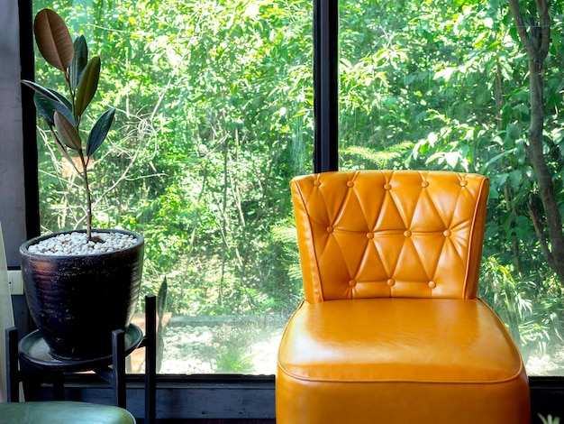 Vintage Ledersofa, gelbe Farbe mit Stiften und Knöpfen Dekoration in der Nähe von Pflanzentopf auf großem Glasfenster und grüner Naturansicht draußen.