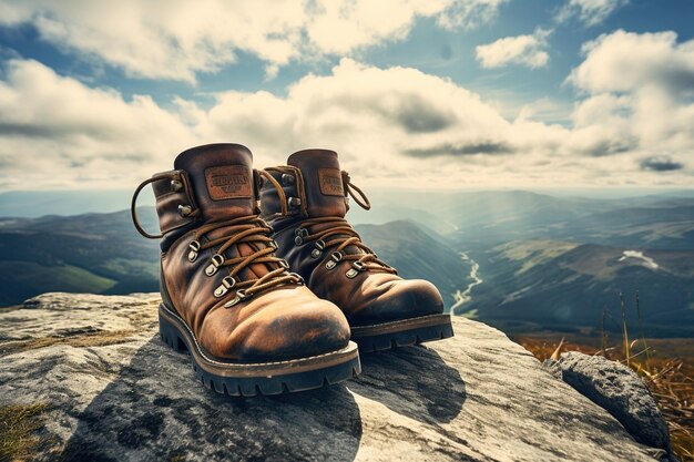 Vintage-Lederstiefel auf einem Berggipfel mit Blick auf die weite Wildnis