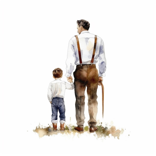 Vintage lindo hermoso padre e hijo está de pie vista trasera acuarela sublimación Clipart