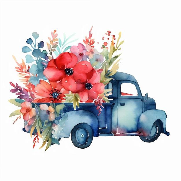 Vintage-LKW mit Blumen Aquarell handgezeichnete Clipart isoliert auf weißem Hintergrund generative KI