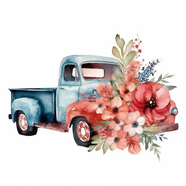 Vintage-LKW mit Blumen Aquarell handgezeichnete Clipart isoliert auf weißem Hintergrund generative KI