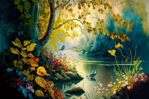 Vintage Malerei der Waldlandschaft mit Seepflanzen.