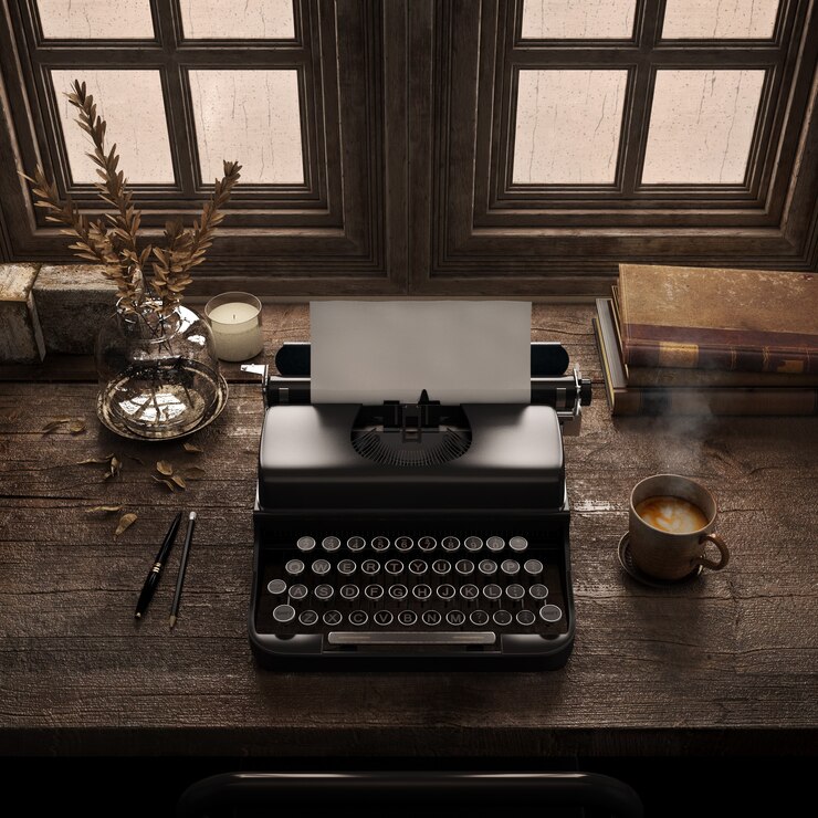 Vintage máquina de escribir en un escritorio de madera en una habitación antigua con libros antiguos