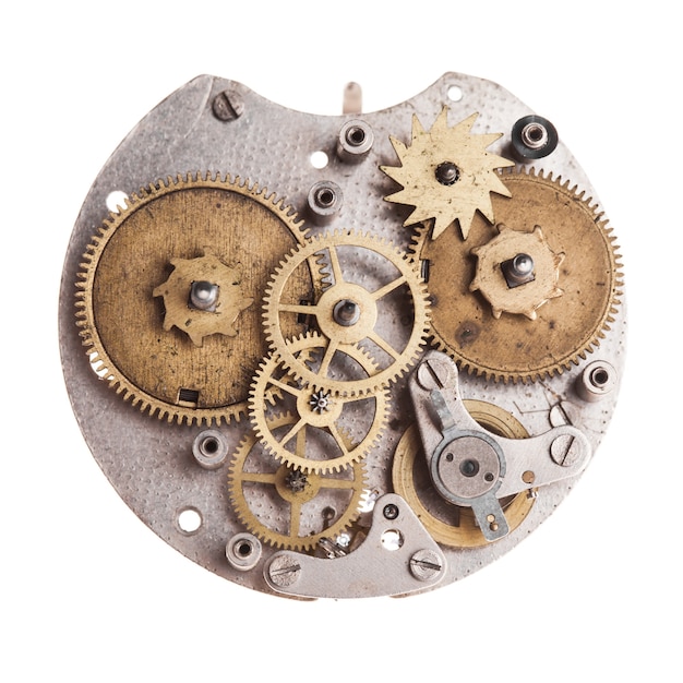 Vintage mechanische Uhrenmechanismus isoliert auf weiss