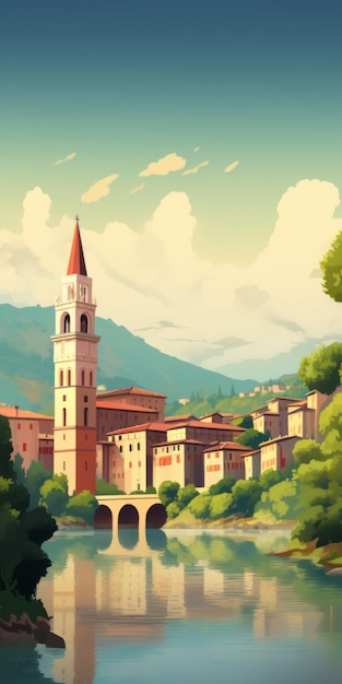 Vintage-Modernismus Ein ruhiges italienisches Dorf inmitten majestätischer Berge