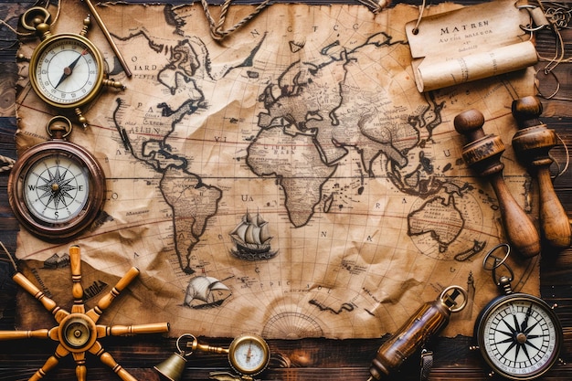 Vintage Nautical Exploration und Kartographie Ausrüstung auf der Weltkarte Hintergrund für traditionelle