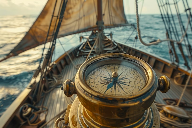 Vintage-Nautikkompass auf dem Holzdeck eines Schiffes mit Segeln und Blick auf den Ozean bei Sonnenuntergang