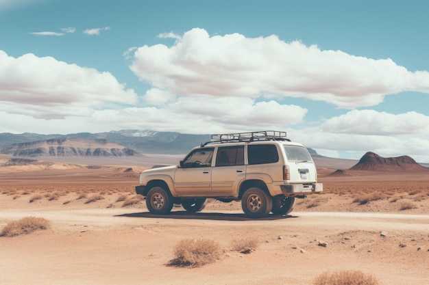 Vintage OffRoad 4x4 coche estacionado en medio de las majestuosas dunas del desierto en un día claro y soleado de verano