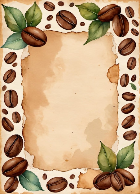 Vintage-Papier mit Aquarell-Kaffeebohnen und Blättern im Retro-Stil