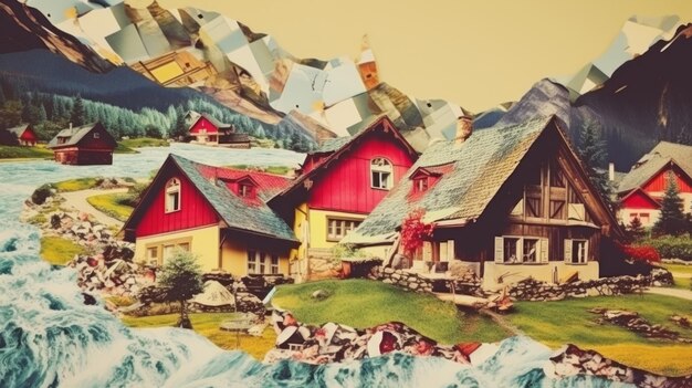 Vintage-Papiercollage mit alter Landschaft, emotionalem Impact-Retro-Stil