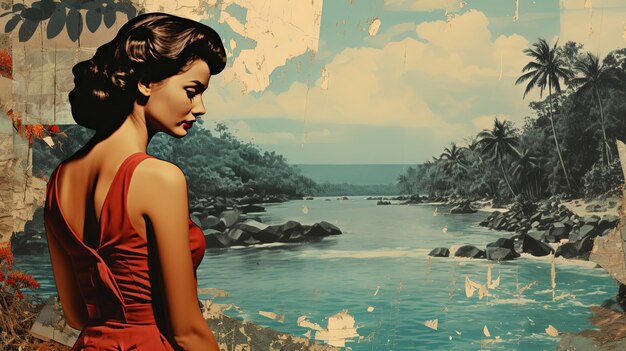 Foto vintage-papiercollage mit landschaft und modell emotionaler wirkung im retro-stil