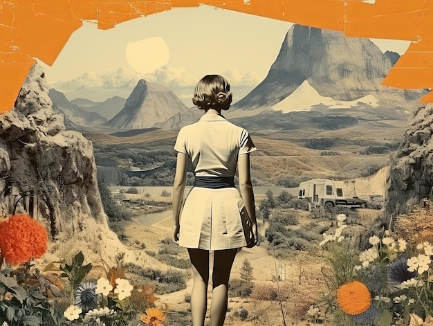 Vintage-Papiercollage mit Landschaft und Modell emotionaler Wirkung im Retro-Stil