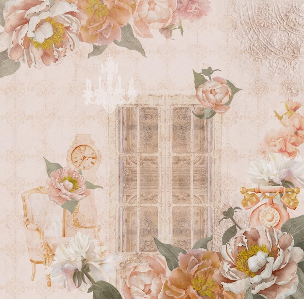 Vintage peonía rosas acuarela ilustración de la puerta de la flor candelabro hojas verdes papel de álbum de recortes