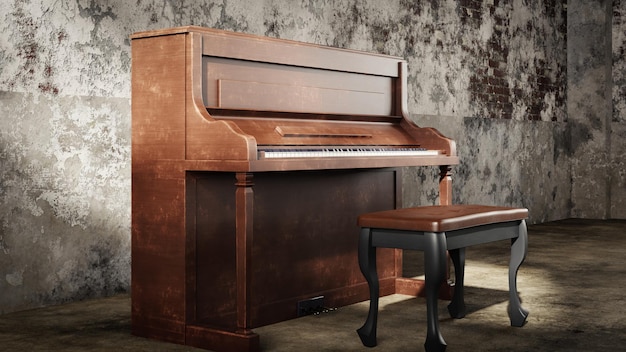 vintage piano in verlassener ort 3d-rendering