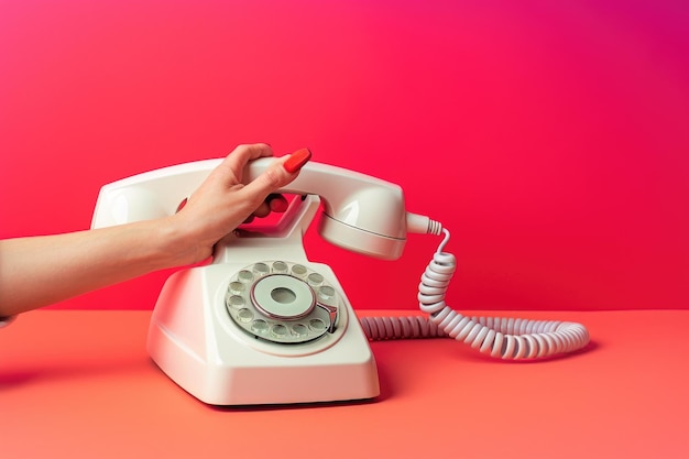 Vintage-Pop-Art-Fotografie eines weißen Telefons auf rosa und rotem Hintergrund