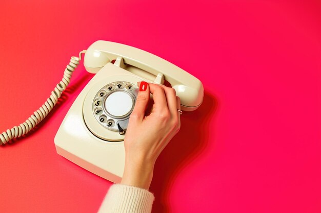 Vintage-Pop-Art-Fotografie eines weißen Telefons auf rosa und rotem Hintergrund