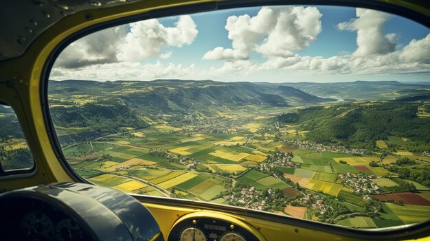 Vintage-Propellerflugzeug mit Blick aus dem Fenster auf die grüne Landschaft und die malerischen Bauernhäuser unten