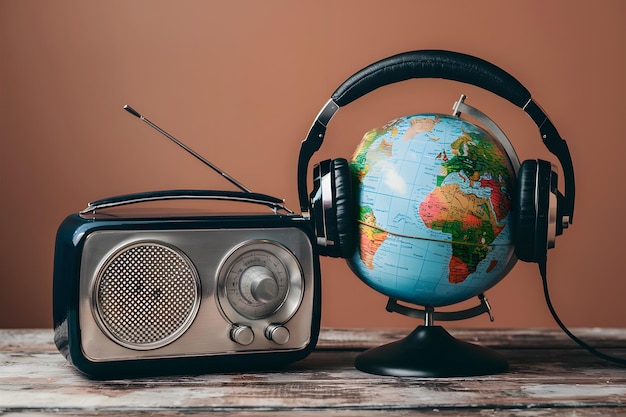 Foto vintage radio and headphones with a globe symbolizing past and present tech