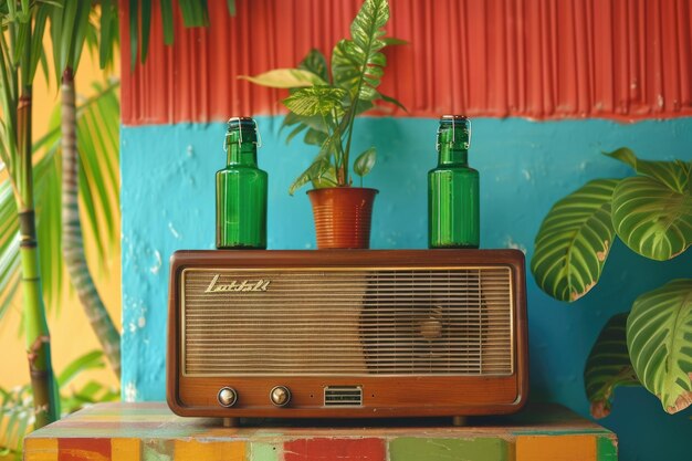 Foto vintage-radio und pflanze auf dem tisch mit grünen glasgläsern