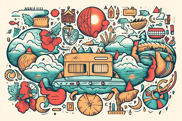 Vintage-Reisen- und Tourismus-Doodle-Illustration, Clipart und handgezeichneten Urlaubs-Ferienelementen auf weißem Hintergrund