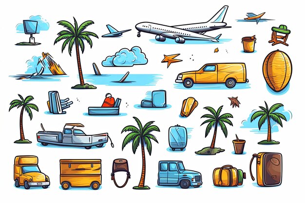 Vintage-Reisen- und Tourismus-Doodle-Illustration, Clipart und handgezeichneten Urlaubs-Ferienelementen auf weißem Hintergrund